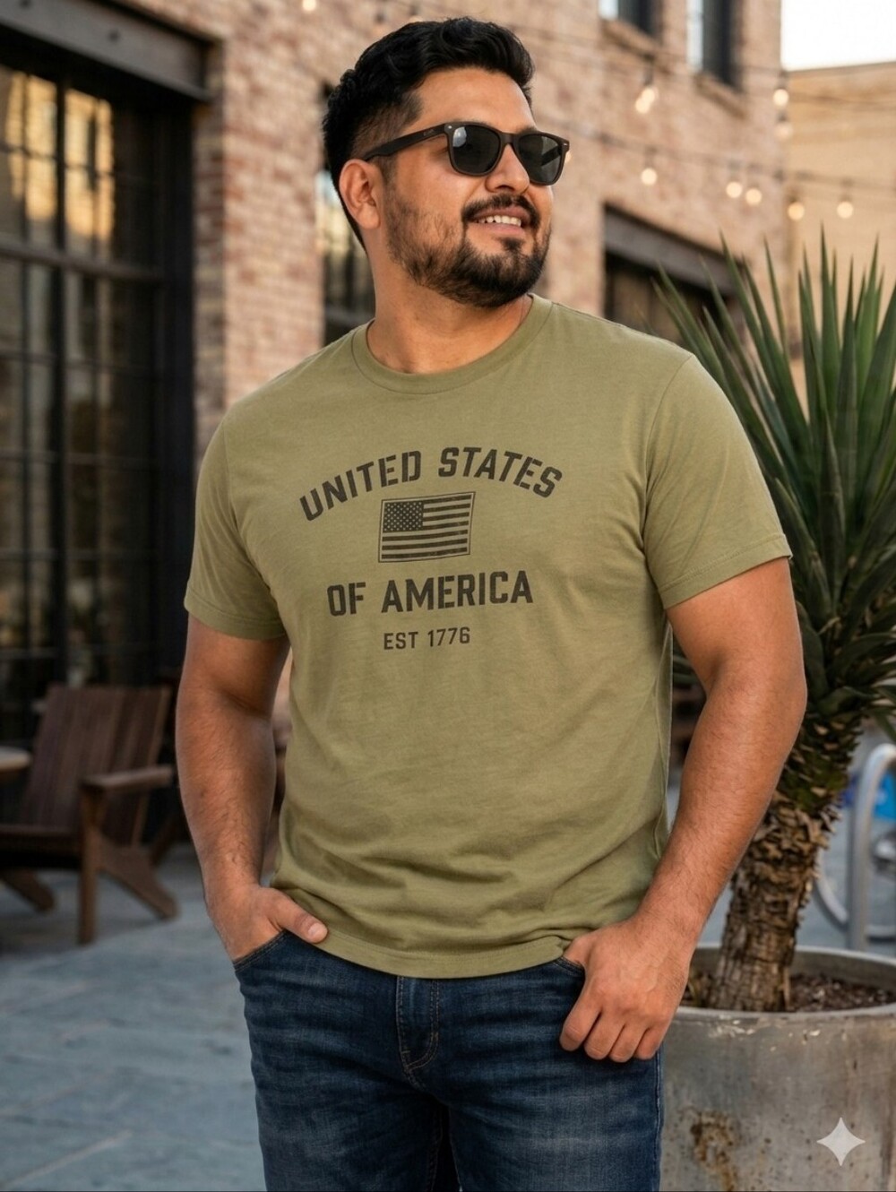 USA Graphic Tee Large Olive Green